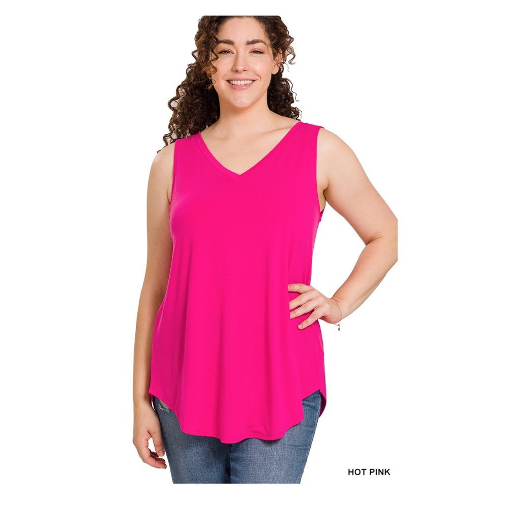 Women's Plus Size Sleeveless Top Relaxed Fit Tank Top - Hot Pink